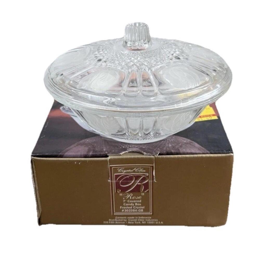 Vintage Crystal Covered Candy Dish Clear Embossed Frosted Roses KIG Indonesia